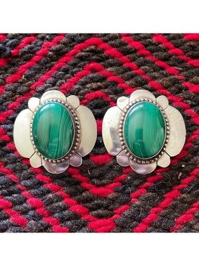 Vintage large malachite sterling silver green malachite statement earrings
